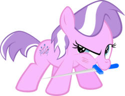 Size: 786x608 | Tagged: safe, artist:magerblutooth, diamond tiara, g4, blood, female, messy mane, missing accessory, mouth hold, simple background, solo, sword, transparent background, vector