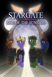 Size: 745x1109 | Tagged: safe, artist:arvaus, baseball cap, daniel jackson, fanfic art, fanfic cover, hat, jack o'neill, military uniform, moon, open mouth, ponified, raised hoof, samantha carter, sg1, stargate, sun, teal'c