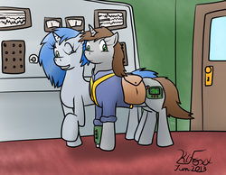 Size: 1173x908 | Tagged: safe, artist:the-furry-railfan, oc, oc only, oc:homage, oc:littlepip, pony, unicorn, fallout equestria, clothes, door, fanfic, fanfic art, female, hooves, horn, jumpsuit, mare, pipabetes, pipbuck, recording studio, saddle bag, smiling, teeth, vault suit
