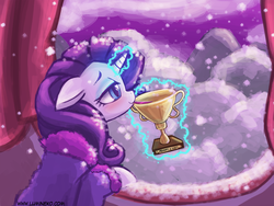 Size: 960x720 | Tagged: safe, artist:lumineko, rarity, pony, unicorn, g4, alcohol, blushing, clothes, drinking, female, goblet, magic, mare, smiling, snow, snowfall, solo, trophy, wine, winter