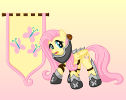 Size: 1280x1024 | Tagged: safe, artist:ohemo, fluttershy, pegasus, pony, g4, armor, banner, female, flag, gorget, solo