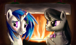 Size: 1024x603 | Tagged: safe, artist:fox-moonglow, dj pon-3, octavia melody, vinyl scratch, g4, blushing, female, implied lesbian, lesbian, mistletoe, ship:scratchtavia, shipping