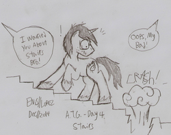 Size: 1177x927 | Tagged: safe, artist:elvis-lopez, artist:wildfirethesmug, derpy hooves, oc, oc:wildfire ignitus, pegasus, pony, g4, female, freckles, glasses, mare, monochrome, newbie artist training grounds, palindrome get, panic, stairs, sweet bro and hella jeff, traditional art