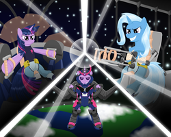 Size: 2667x2133 | Tagged: safe, artist:ohemo, trixie, twilight sparkle, pony, unicorn, g4, crossover, female, high res, mare, mecha, row row fight tha powah, tengen toppa gurren lagann, weapon