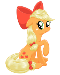 Size: 2048x2560 | Tagged: safe, artist:ohemo, applejack, earth pony, pony, g4, cute, female, hair bow, high res, jackabetes, mare, raised hoof, simple background, sitting, smiling, solo, tail bow, transparent background