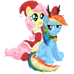 Size: 2560x2560 | Tagged: safe, artist:ohemo, fluttershy, rainbow dash, pegasus, pony, g4, antlers, christmas, clothes, costume, cute, dashabetes, duo, duo female, fake antlers, female, frown, glare, hat, high res, mare, messy mane, open mouth, reindeer dash, santa claus, santa costume, santa hat, shyabetes, simple background, sitting, smiling, transparent background, unamused, underhoof
