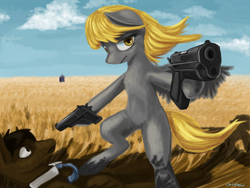 Size: 1600x1200 | Tagged: safe, artist:chickhawk96, derpy hooves, doctor whooves, time turner, pegasus, pony, g4, bipedal, doctor who, dual wield, duo, female, field, gun, handgun, hoof hold, let's kill hitler, m1911, mare, pistol, river song (doctor who), tardis, who needs trigger fingers