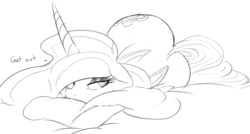 Size: 1224x658 | Tagged: safe, artist:zev, princess celestia, g4, bedroom eyes, butt, eyes closed, female, get out, grayscale, looking at you, monochrome, on side, plot, solo, the ass was fat, unamused