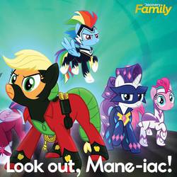 Size: 550x550 | Tagged: safe, applejack, fili-second, mistress marevelous, pinkie pie, radiance, rainbow dash, rarity, twilight sparkle, zapp, alicorn, pony, g4, official, power ponies (episode), discovery family, discovery family logo, female, mare, masked matter-horn costume, power ponies, twilight sparkle (alicorn)