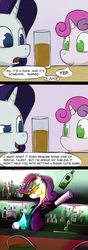 Size: 495x1414 | Tagged: safe, artist:dryayberg, rarity, sweetie belle, pony, unicorn, g4, absinthe, alcohol, bar, bartender, burnt, clothes, comic, cooking the absinthe, duo, juice, kamina sunglasses, match, no pony, older, piercing, shirt, vest