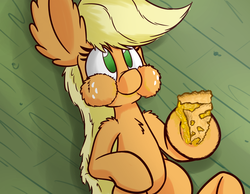 Size: 900x700 | Tagged: safe, artist:heir-of-rick, applejack, daily apple pony, g4, apple pie, chewing, eating, female, hatless, impossibly large ears, missing accessory, on back, pie, puffy cheeks, solo