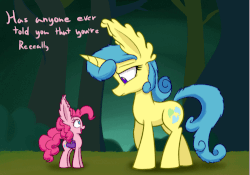 Size: 500x349 | Tagged: safe, artist:heir-of-rick, lemon hearts, pinkie pie, pony, miss pie's monsters, g4, animated, blushing, ear fluff, female, giant pony, impossibly large ears, macro, scrunchy face, size difference
