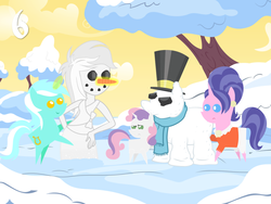 Size: 1024x768 | Tagged: safe, artist:bronybyexception, cookie crumbles, lyra heartstrings, sweetie belle, pony, unicorn, equestria girls, g4, advent calendar, christmas, female, filly, mare, pointy ponies, snow, snowman, snowpony