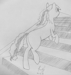Size: 1104x1154 | Tagged: safe, artist:kaela, oc, oc only, black and white, grayscale, monochrome, stairs, traditional art, walking