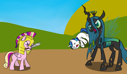 Size: 1112x652 | Tagged: dead source, safe, artist:icesticker, princess cadance, queen chrysalis, shining armor, changeling, changeling queen, pegasus, unicorn, g4, blank flank, helmet, horn, mouth hold, pegasus cadance, sword