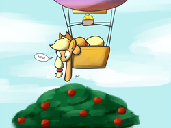 Size: 1280x959 | Tagged: dead source, safe, artist:whatsapokemon, applejack, earth pony, pony, g4, apple, apple tree, balloon, eyes on the prize, female, hot air balloon, looking down, pointing, reaching, silly, silly pony, solo, that pony sure does love apples, tree