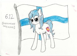 Size: 3507x2550 | Tagged: safe, artist:paskanaakka, derpibooru exclusive, g4, finland, flag, high res, nation ponies, solo, traditional art