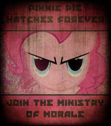 Size: 838x953 | Tagged: safe, artist:dirtpoorriceking7, pinkie pie, earth pony, pony, fallout equestria, g4, fanfic, fanfic art, female, forever, looking at you, mare, ministry mares, ministry of morale, pinkie pie is watching you, poster, propaganda, solo, text, watching