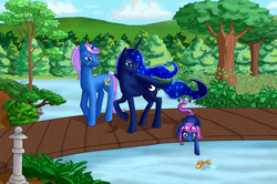Size: 900x596 | Tagged: safe, artist:auriaslayer, princess luna, oc, oc:azure night, oc:seline, g4, azuna, canon x oc, family, father and daughter, mother and daughter, offspring, parent:oc:azure night, parent:princess luna, parents:azuna, parents:canon x oc
