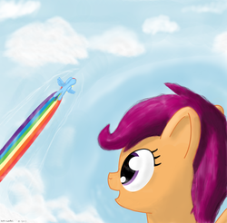 Size: 1272x1254 | Tagged: safe, artist:colorcoatedart, rainbow dash, scootaloo, g4, flying