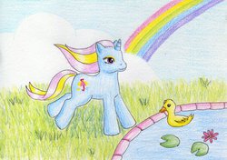 Size: 1024x721 | Tagged: safe, artist:normaleeinsane, dewdrop dazzle, duck, g3, g4, female, g4 to g3, generation leap, pond, rainbow, solo, traditional art