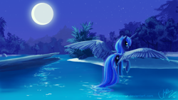 Size: 2560x1440 | Tagged: safe, artist:joellethenose, princess luna, alicorn, pony, g4, female, looking at you, looking back, looking back at you, mare, moon, night, outdoors, raised hoof, signature, sky, solo, spread wings, stars, three quarter view, tree, wallpaper, water, wet, wet mane