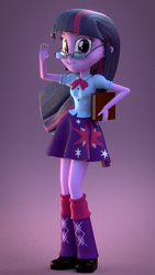 Size: 1080x1920 | Tagged: safe, artist:3d thread, artist:creatorofpony, twilight sparkle, equestria girls, g4, 3d, 3d model, book, female, glasses, grin, looking at you, smiling, solo, twilight sparkle (alicorn), waving