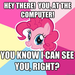 Size: 600x600 | Tagged: safe, pinkie pie, g4, creepy, fourth wall, image macro, looking at you, meme, talking to viewer