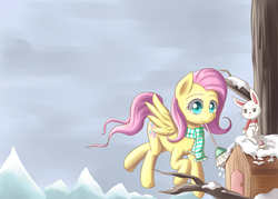 Size: 2480x1771 | Tagged: safe, artist:dyoung, angel bunny, fluttershy, g4, clothes, female, pixiv, scarf, snow, solo