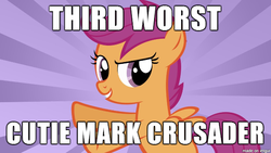 Size: 610x343 | Tagged: safe, scootaloo, g4, grin, image macro, meme, op is a duck, smiling, worst pony