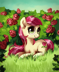 Size: 2000x2413 | Tagged: safe, artist:lis-alis, roseluck, earth pony, pony, g4, chest fluff, commissioner:doom9454, cute, ear fluff, female, fluffy, grass, high res, looking at you, looking up, mare, prone, rosabetes, rose, smiling, solo, turned head