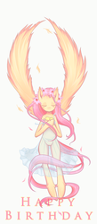 Size: 819x1870 | Tagged: safe, artist:ahimay, fluttershy, pegasus, pony, g4, animal, birthday, clothes, dress, eyes closed, feather, flower, happy birthday, wings