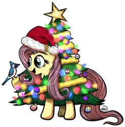 Size: 2454x2496 | Tagged: safe, artist:gray--day, fluttershy, bird, blue jay, g4, christmas, christmas tree, female, fluttertree, hat, high res, merry christmas, santa hat, simple background, solo, transparent background, tree, tree costume