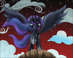 Size: 1000x800 | Tagged: safe, artist:cyle, princess luna, g4, female, looking down, newbie artist training grounds, raised hoof, solo, spread wings