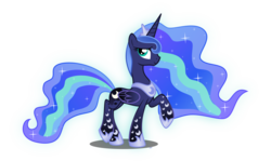Size: 5000x2979 | Tagged: dead source, safe, artist:xebck, princess luna, alicorn, pony, g4, colored wings, ethereal mane, female, gradient wings, mare, multicolored hair, rainbow hair, rainbow power, rainbow power-ified, rainbow tail, raised hoof, simple background, smiling, solo, transparent background, vector, wings