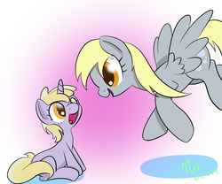 Size: 1500x1250 | Tagged: safe, artist:malwinters, derpy hooves, dinky hooves, pegasus, pony, unicorn, g4, :d, colored pupils, cute, dinkabetes, equestria's best mother, eye contact, female, filly, flying, gradient background, happy, looking at each other, mare, newbie artist training grounds, pink background, shadow, simple background, sitting, smiling, spread wings, wings
