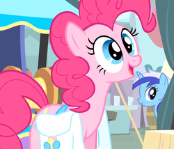 Size: 1264x1080 | Tagged: safe, screencap, minuette, pinkie pie, earth pony, pony, unicorn, g4, pinkie pride, season 4, bag, female, horn, mare, open mouth, open smile, reaction image, saddle bag, smiling, solo focus