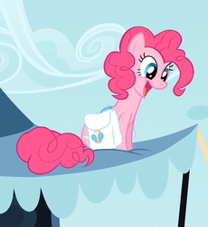Size: 675x733 | Tagged: safe, screencap, pinkie pie, pony, g4, pinkie pride, cute, female, happy, looking down, open mouth, reaction image, saddle bag, sitting, smiling, solo