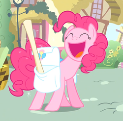 Size: 767x757 | Tagged: safe, screencap, pinkie pie, pony, g4, pinkie pride, female, reaction image, saddle bag, silly, smiling, solo