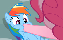 Size: 1675x1079 | Tagged: safe, screencap, pinkie pie, rainbow dash, g4, pinkie pride, female, hoof in mouth, solo