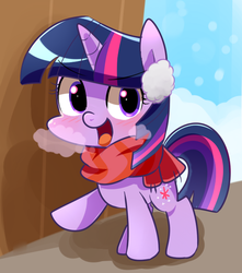 Size: 530x600 | Tagged: safe, artist:sion-ara, twilight sparkle, pony, unicorn, g4, blushing, breath, chibi, clothes, cold, cute, earmuffs, female, looking at you, mare, open mouth, open smile, raised hoof, scarf, smiling, snow, snowfall, solo, standing, twiabetes, unicorn twilight, winter