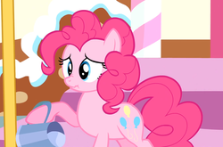 Size: 1559x1031 | Tagged: safe, screencap, pinkie pie, earth pony, pony, g4, pinkie pride, empty, female, hoof hold, mare, nose wrinkle, raised hoof, reaction image, sad, scrunchy face, solo, tankard