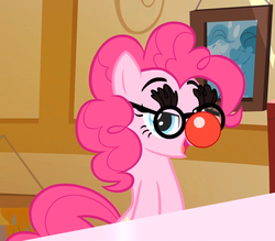 Size: 1081x945 | Tagged: safe, screencap, pinkie pie, g4, pinkie pride, clown nose, female, groucho mask, lidded eyes, reaction image, red nose, solo