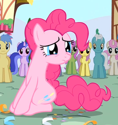 Size: 535x567 | Tagged: safe, screencap, goldengrape, high note, merry may, parasol, pinkie pie, royal riff, sea swirl, seafoam, sir colton vines iii, twinkleshine, earth pony, pony, g4, pinkie pride, cropped, female, mare, reaction image, sad, sitting, solo focus, teary eyes