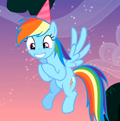 Size: 1061x1072 | Tagged: safe, screencap, rainbow dash, g4, pinkie pride, female, flying, happy, reaction image, solo