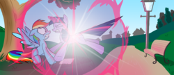 Size: 2000x862 | Tagged: safe, artist:narbarnar, rainbow dash, twilight sparkle, pony, g4, teleportation