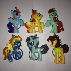 Size: 570x570 | Tagged: safe, candy apples, cheese sandwich, neon lights, rainbow dash, rising star, spitfire, sunset shimmer, pony, g4, apple family member, blind bag, customized toy, keychain, toy