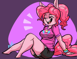 Size: 900x700 | Tagged: safe, artist:dragonfruitdarigan, pinkie pie, anthro, g4, alternate hairstyle, breasts, clothes, cute, cutie mark on clothes, diapinkes, eyes closed, female, happy, laughing, plump, ponytail, shirt, shorts, simple background, solo, sweatband