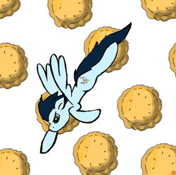 Size: 698x692 | Tagged: safe, artist:downburst-backspace, soarin', g4, flying, male, old cutie mark, pie, solo, that pony sure does love pies