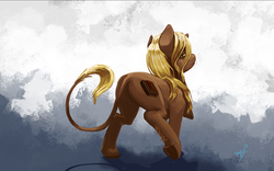 Size: 1000x625 | Tagged: safe, artist:kasdraws, oc, oc only, oc:remedy, classical unicorn, pony, unicorn, butt, horn, leonine tail, looking at you, looking back, male, medicine & mail, plot, raised leg, smiling, solo, trap, underhoof